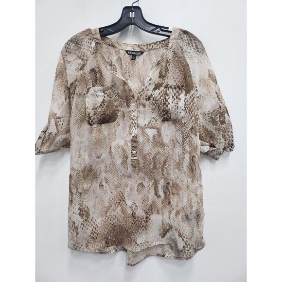 Express Women Blouse Small Brown Snake Skin Print Chiffon Tab Sleeve Half Button - Picture 1 of 8
